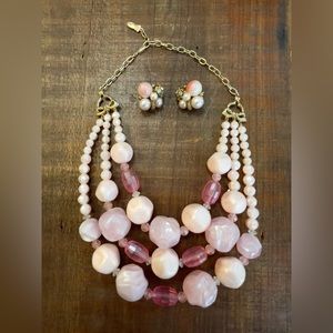 Vintage Emmons Three Strand Frosty Pink Necklace Plus Clip On Earrings